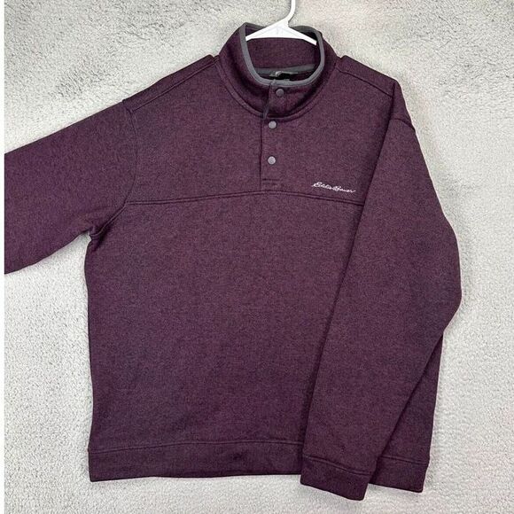 Eddie Bauer Pullover Sweater Adult 2XL Dark Purple Fleece Quarter Snap Logo Mens